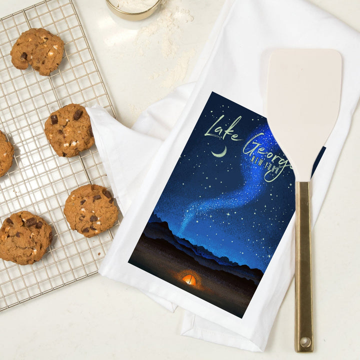Lake George, New York, Tent and Night Sky, Mid-Century Style, Organic Cotton Kitchen Tea Towels Kitchen Lantern Press 