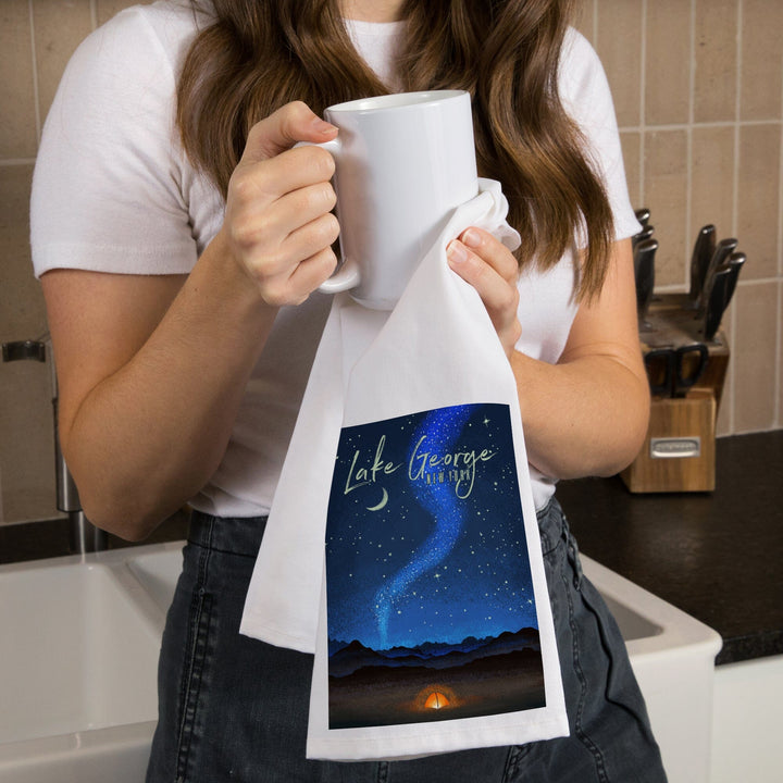 Lake George, New York, Tent and Night Sky, Mid-Century Style, Organic Cotton Kitchen Tea Towels Kitchen Lantern Press 