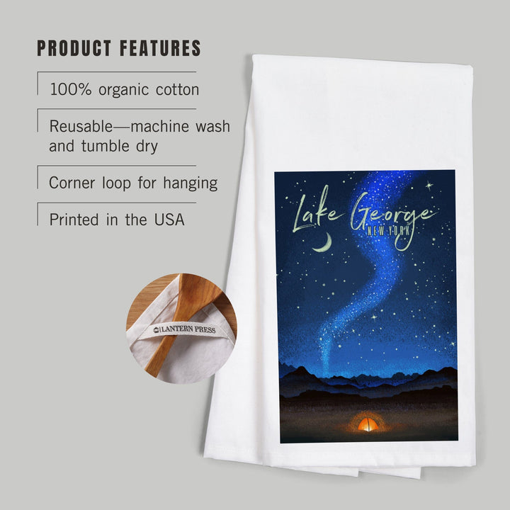 Lake George, New York, Tent and Night Sky, Mid-Century Style, Organic Cotton Kitchen Tea Towels Kitchen Lantern Press 