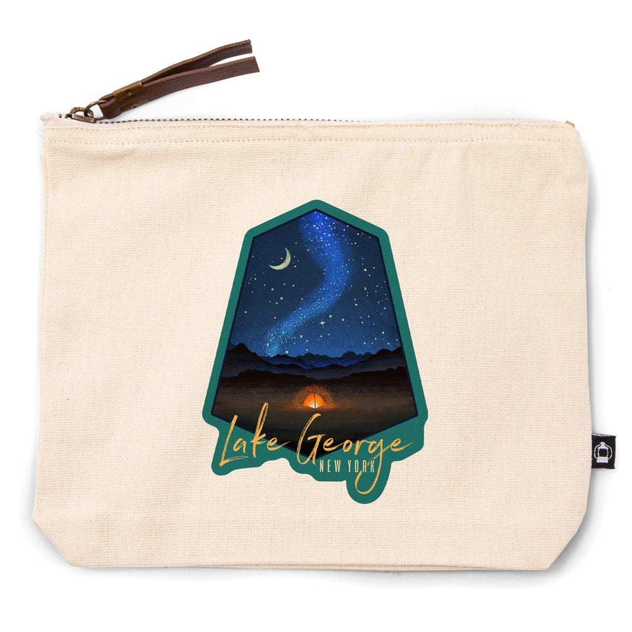 Lake George, New York, Tent and Night Sky, Mid-Century Style,, Organic Cotton Zipper Pouch, Go Bag Go Bag Lantern Press 