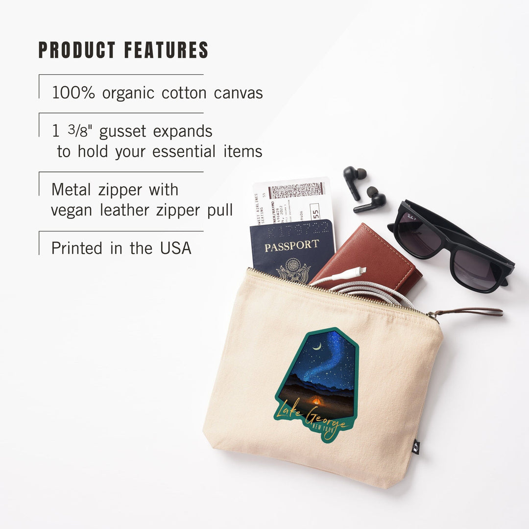 Lake George, New York, Tent and Night Sky, Mid-Century Style,, Organic Cotton Zipper Pouch, Go Bag Go Bag Lantern Press 