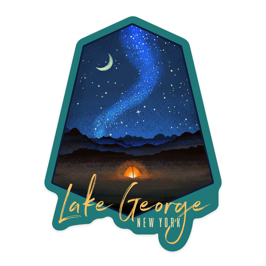 Lake George, New York, Tent & Night Sky, Mid-Century Style, Contour, Lantern Press Artwork, Vinyl Sticker Sticker Lantern Press 