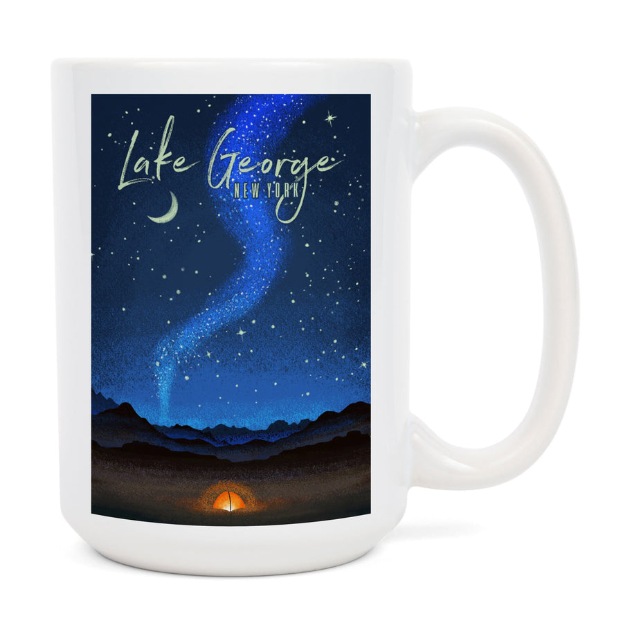 Lake George, New York, Tent & Night Sky, Mid-Century Style, Lantern Press Artwork, Ceramic Mug Mugs Lantern Press 