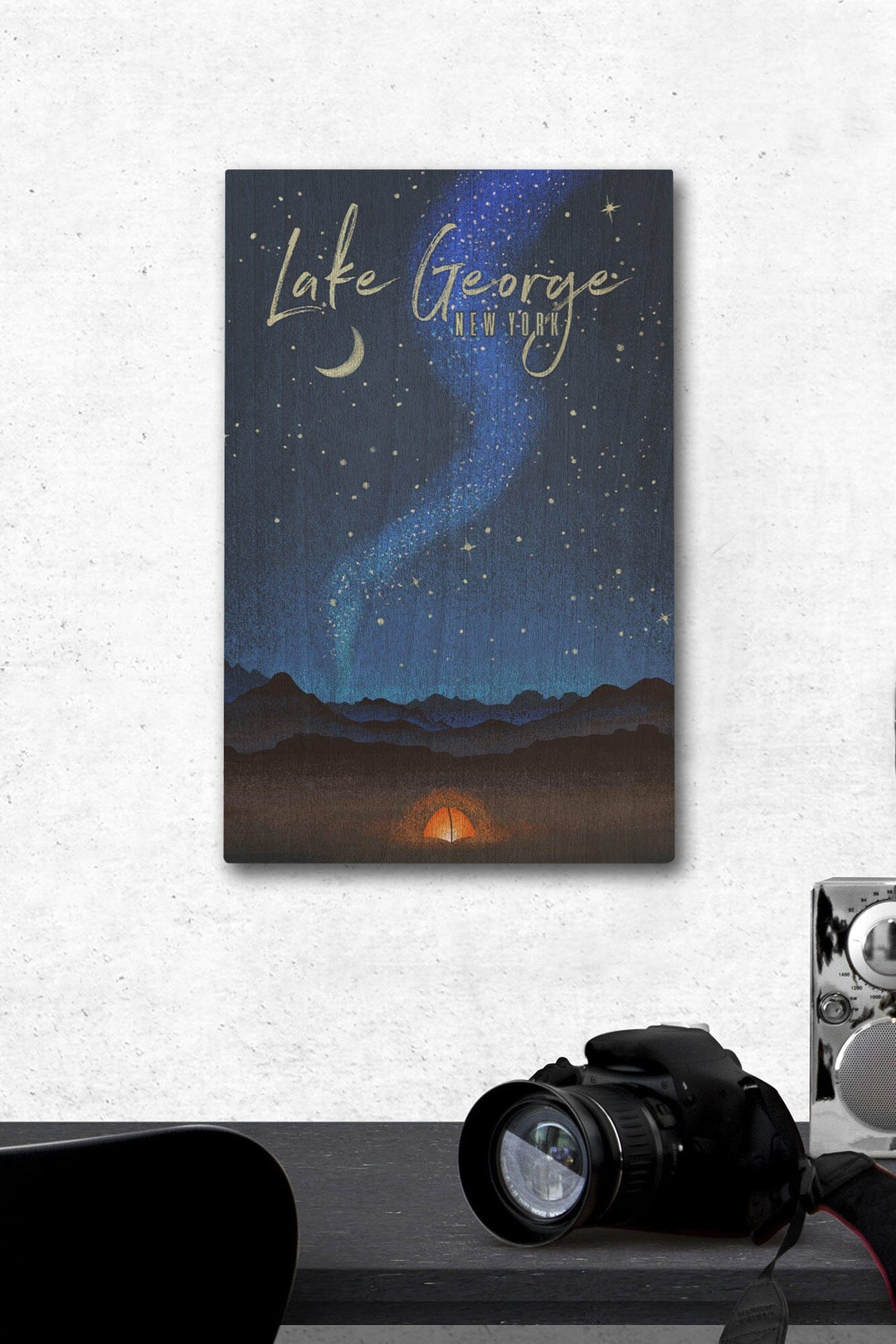 Lake George, New York, Tent & Night Sky, Mid-Century Style, Lantern Press Artwork, Wood Signs and Postcards - Lantern Press