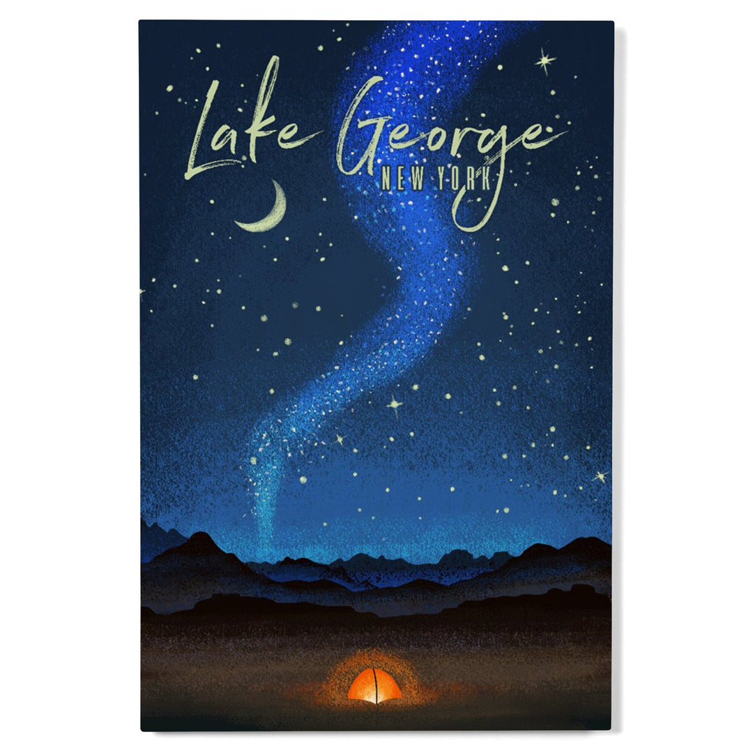 Lake George, New York, Tent & Night Sky, Mid-Century Style, Lantern Press Artwork, Wood Signs and Postcards - Lantern Press