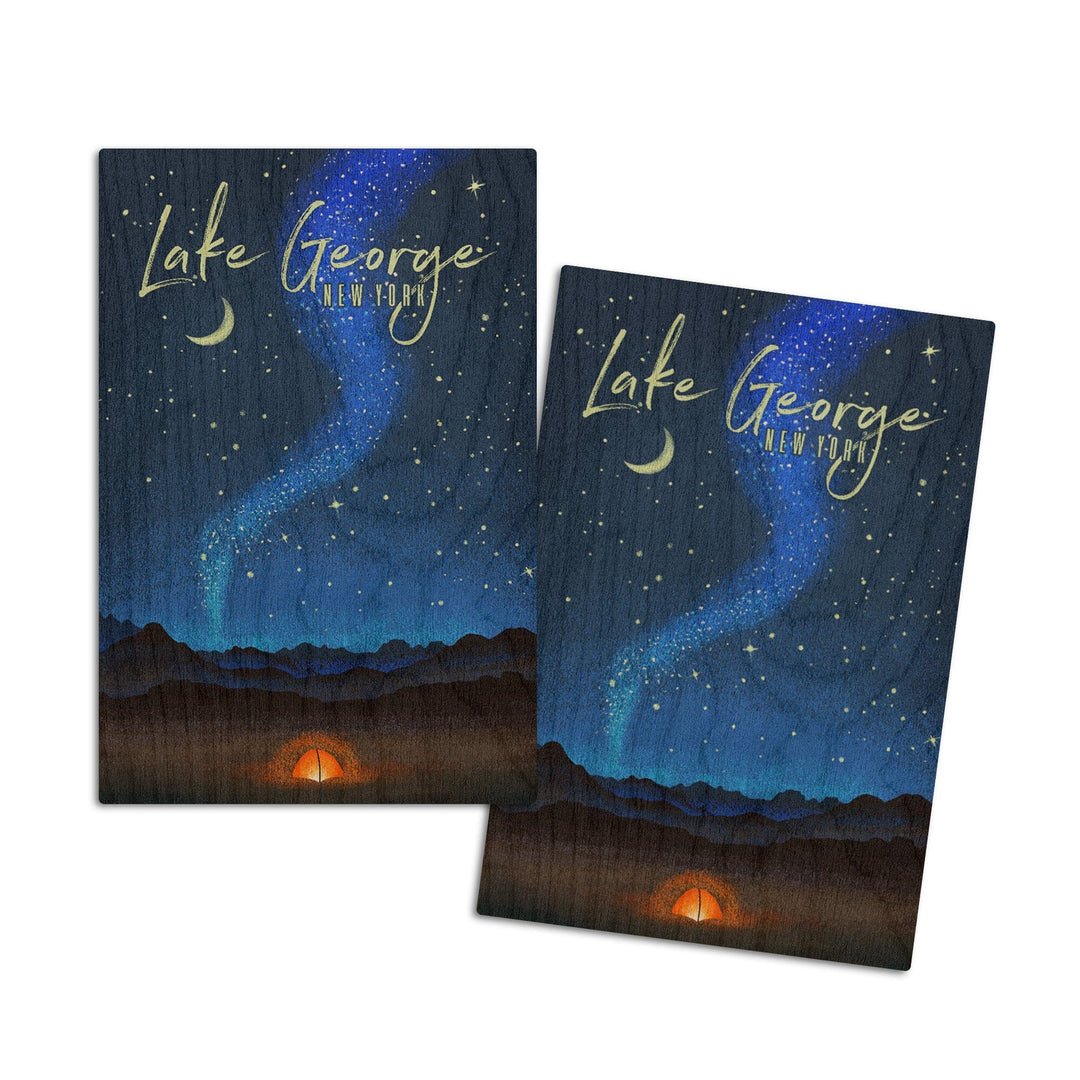 Lake George, New York, Tent & Night Sky, Mid-Century Style, Lantern Press Artwork, Wood Signs and Postcards Wood Lantern Press 4x6 Wood Postcard Set 