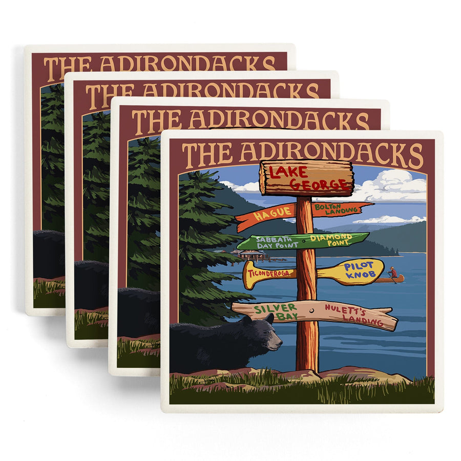 Lake George, New York, The Adirondacks, Destinations Sign, Lantern Press Artwork, Coaster Set - Lantern Press