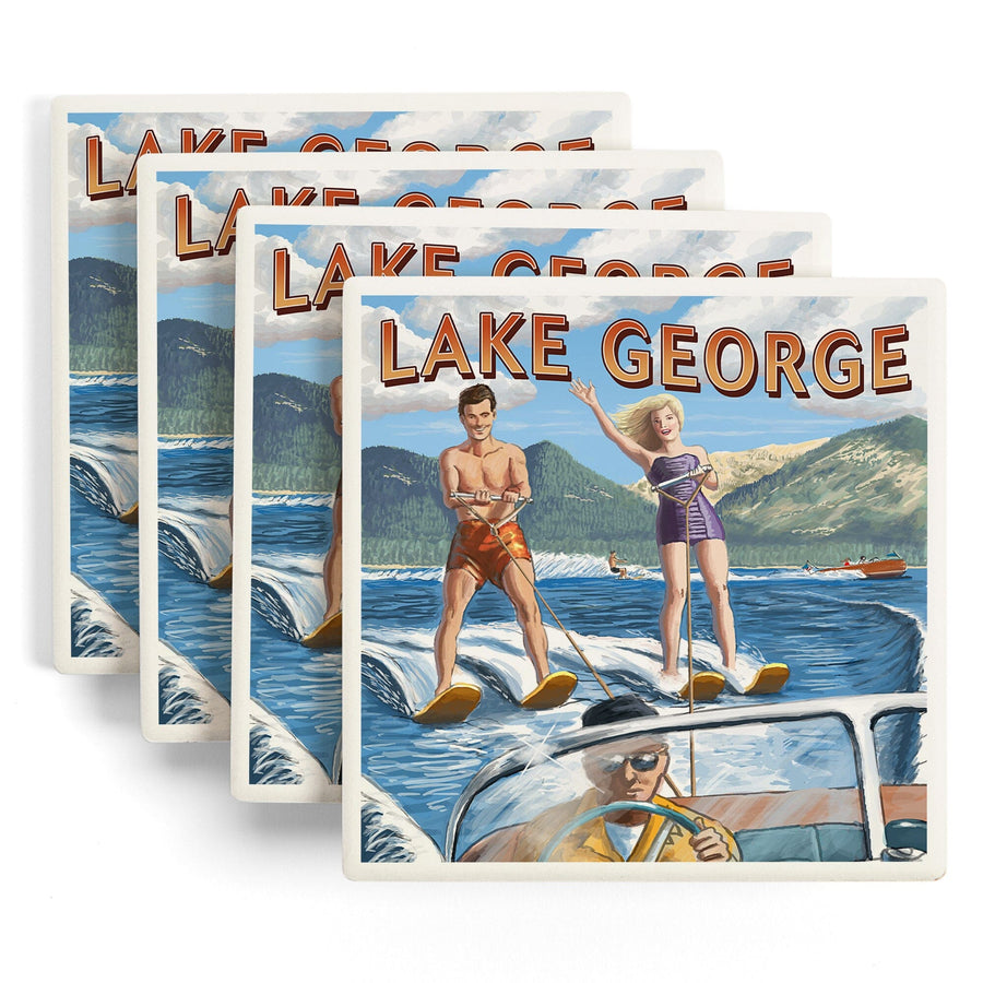 Lake George, New York, Water Skiing Scene, Lantern Press Artwork, Coaster Set - Lantern Press