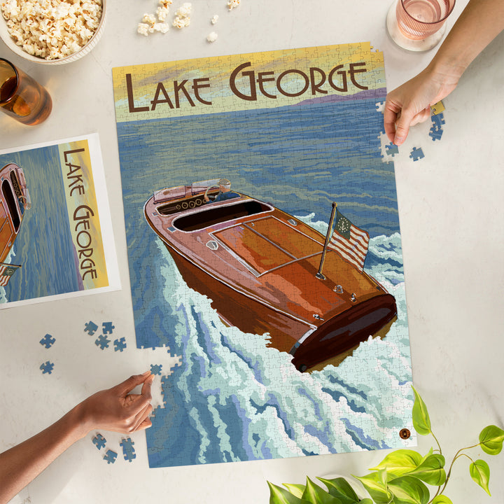 Lake George, New York, Wooden Boat on Lake, Jigsaw Puzzle Puzzle Lantern Press 