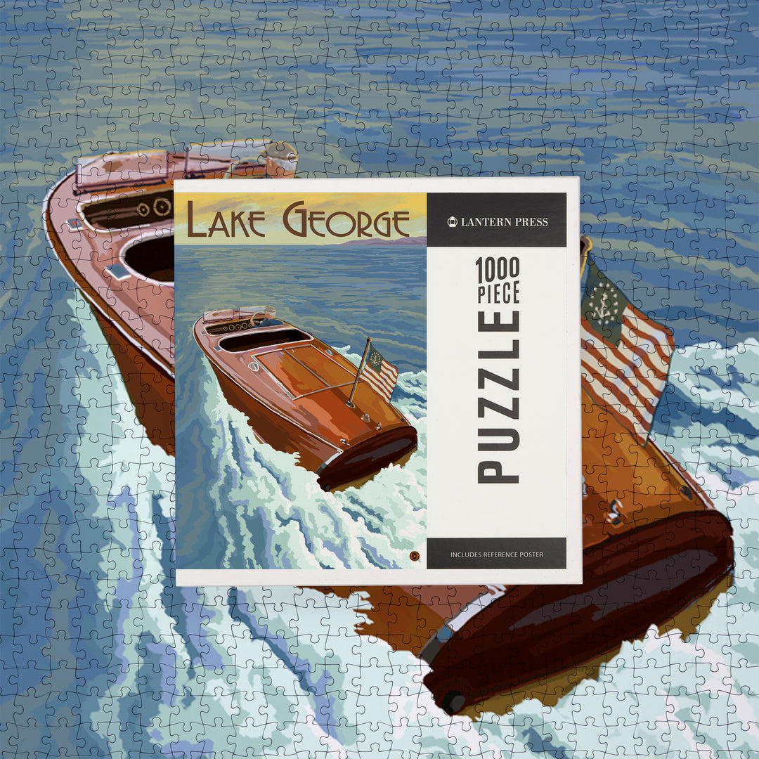 Lake George, New York, Wooden Boat on Lake, Jigsaw Puzzle Puzzle Lantern Press 