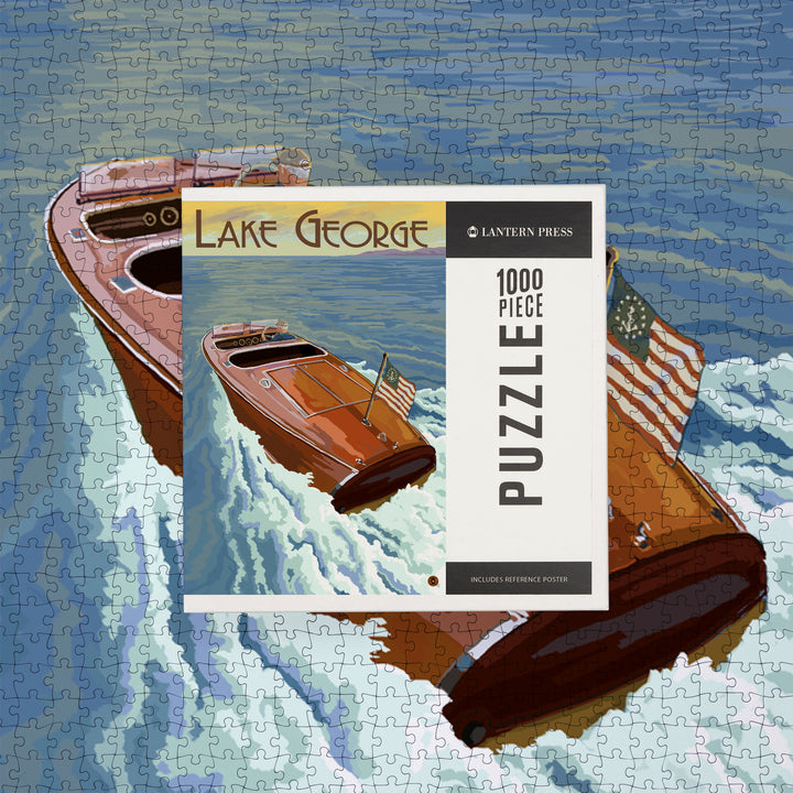 Lake George, New York, Wooden Boat on Lake, Jigsaw Puzzle Puzzle Lantern Press 