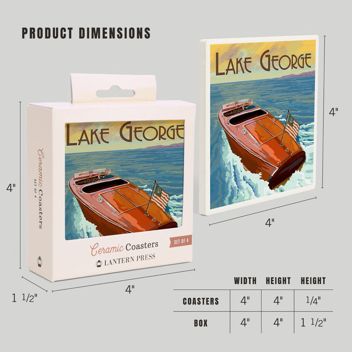 Lake George, New York, Wooden Boat on Lake, Lantern Press Artwork, Coaster Set - Lantern Press