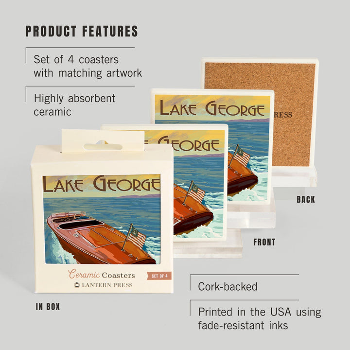 Lake George, New York, Wooden Boat on Lake, Lantern Press Artwork, Coaster Set - Lantern Press