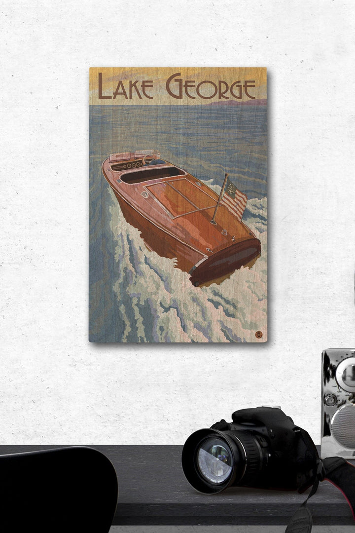 Lake George, New York, Wooden Boat on Lake, Lantern Press Artwork, Wood Signs and Postcards Wood Lantern Press 12 x 18 Wood Gallery Print 