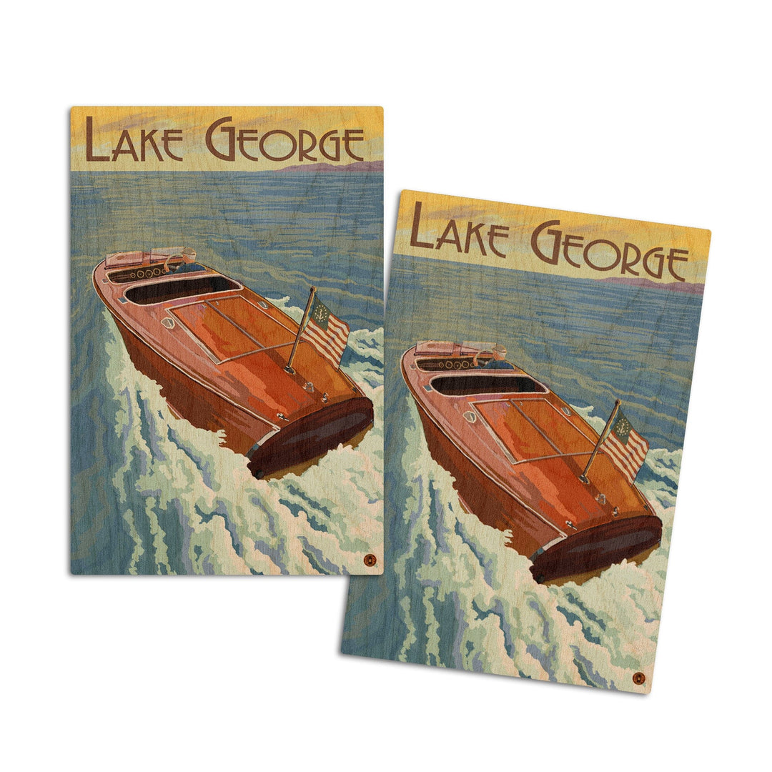 Lake George, New York, Wooden Boat on Lake, Lantern Press Artwork, Wood Signs and Postcards Wood Lantern Press 4x6 Wood Postcard Set 