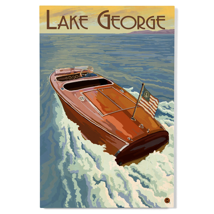 Lake George, New York, Wooden Boat on Lake, Lantern Press Artwork, Wood Signs and Postcards Wood Lantern Press 