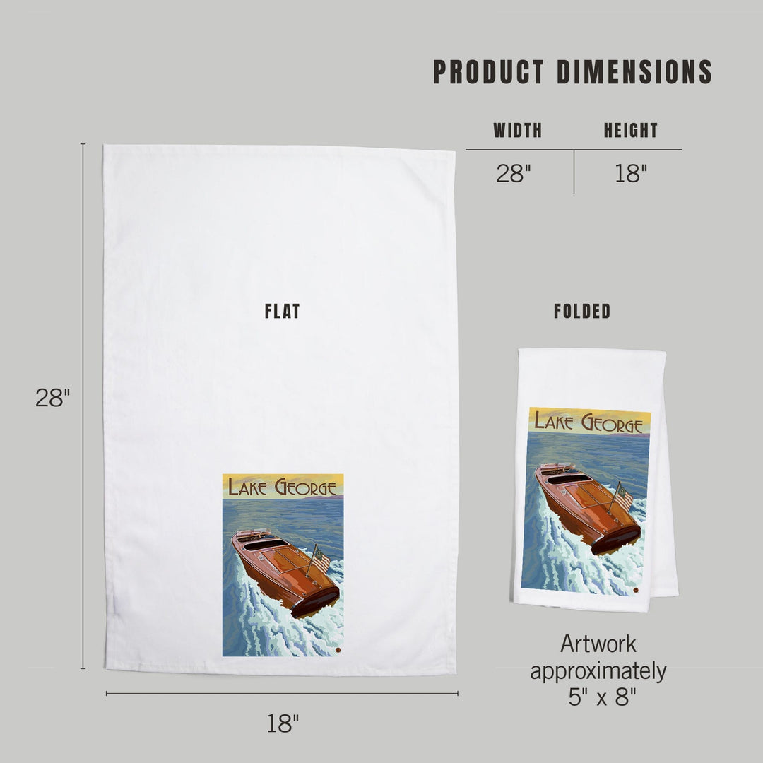 Lake George, New York, Wooden Boat on Lake, Organic Cotton Kitchen Tea Towels Kitchen Lantern Press 