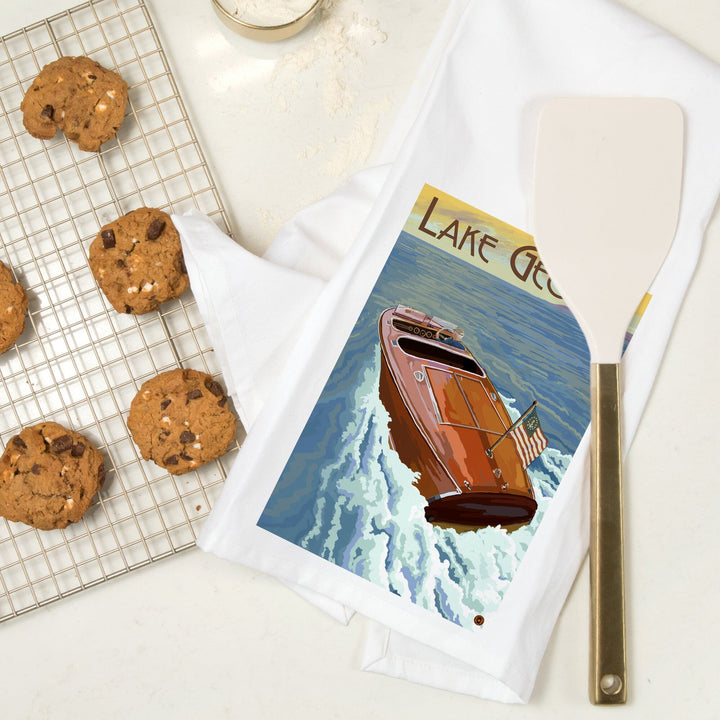 Lake George, New York, Wooden Boat on Lake, Organic Cotton Kitchen Tea Towels Kitchen Lantern Press 