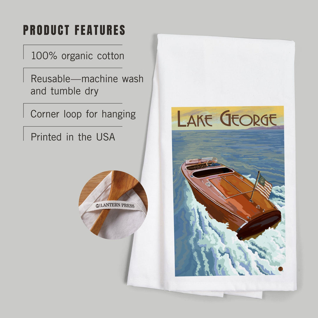 Lake George, New York, Wooden Boat on Lake, Organic Cotton Kitchen Tea Towels Kitchen Lantern Press 