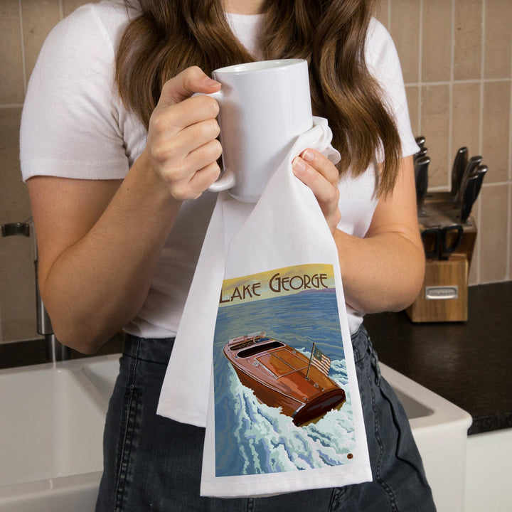 Lake George, New York, Wooden Boat on Lake, Organic Cotton Kitchen Tea Towels Kitchen Lantern Press 