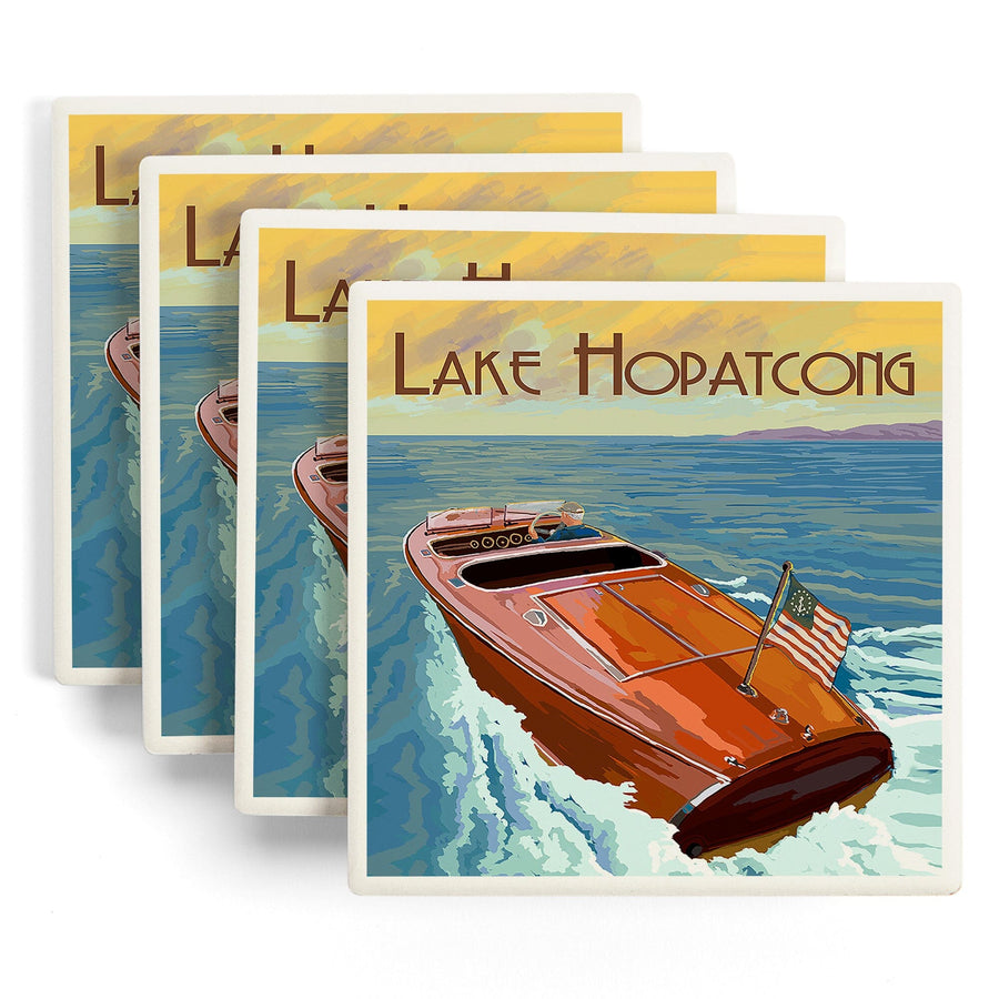 Lake Hopatcong, New Jersey, Wooden Boat on Lake, Lantern Press Artwork, Coaster Set - Lantern Press