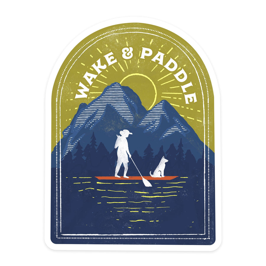 Lake Life Series, Wake And Paddle, Landscape With Mountain, Contour, Vinyl Sticker - Lantern Press