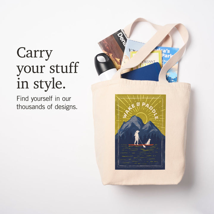 Lake Life Series, Wake And Paddle, Landscape With Mountain, Tote Bag Totes Lantern Press 