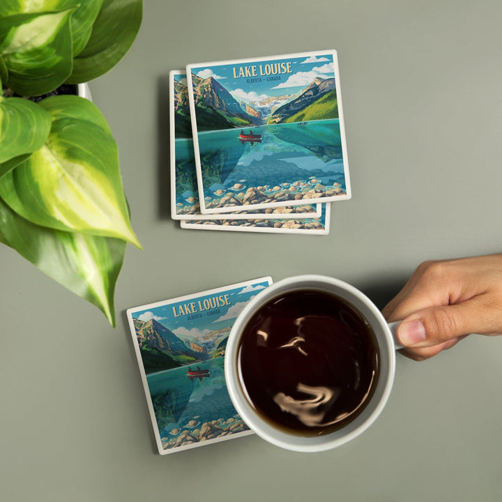Lake Louise, Alberta, Canada, Lithograph, Summer on Lake Louise, Coasters Coasters Lantern Press 