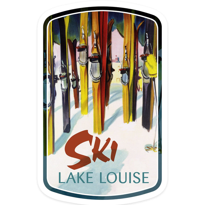 Lake Louise, Canada, Ski, Colorful Skis, Contour, Vinyl Sticker - Lantern Press