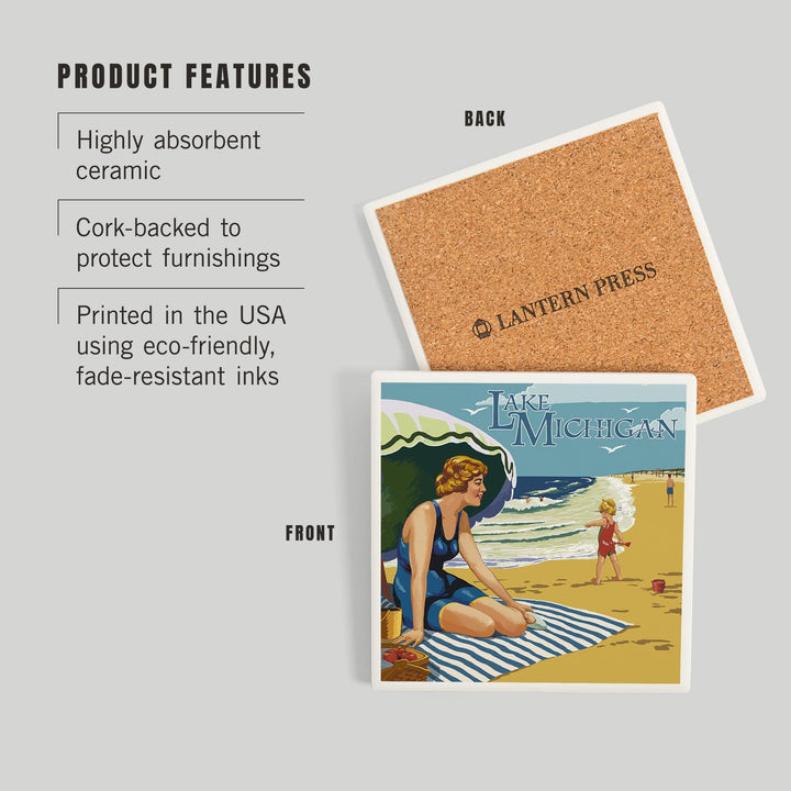 Lake Michigan, Beach Scene, Coasters Coasters Lantern Press 