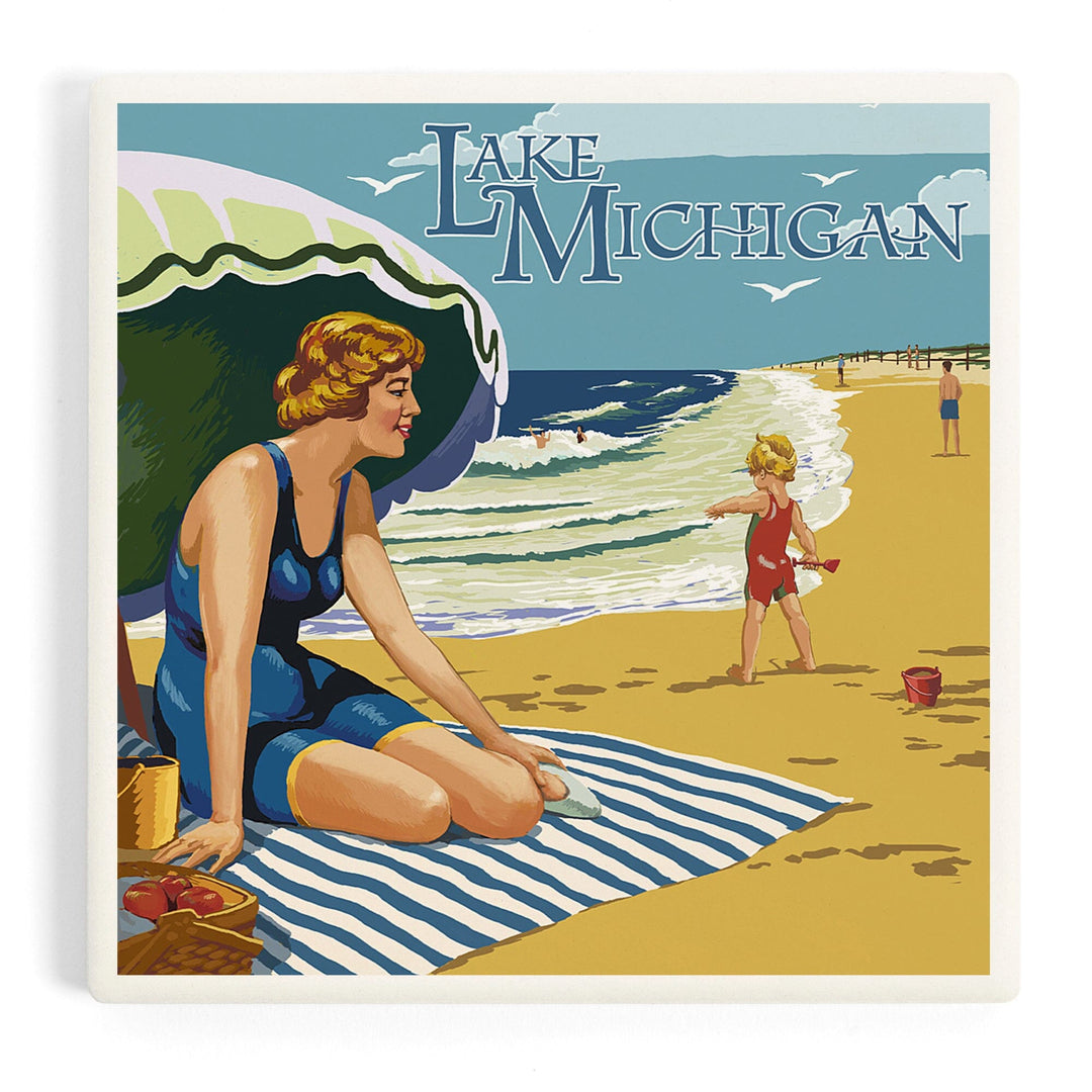 Lake Michigan, Beach Scene, Coasters Coasters Lantern Press 