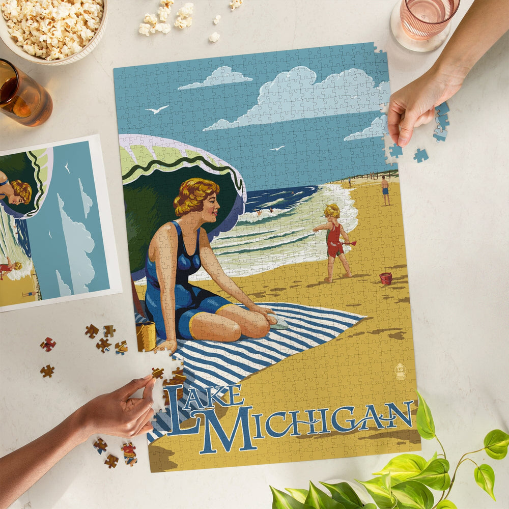 Lake Michigan, Beach Scene, Jigsaw Puzzle Puzzle Lantern Press 