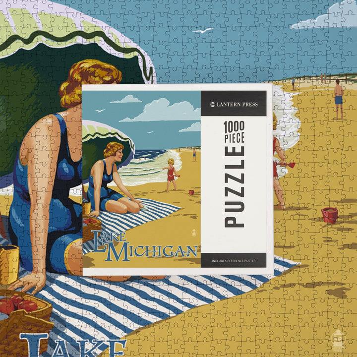 Lake Michigan, Beach Scene, Jigsaw Puzzle Puzzle Lantern Press 