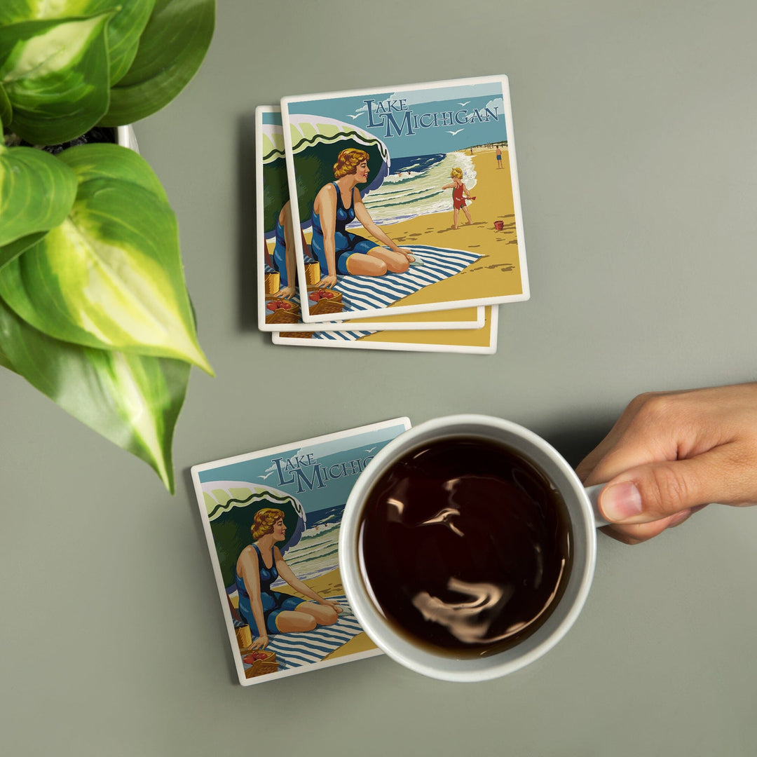 Lake Michigan, Beach Scene, Lantern Press Artwork, Coaster Set - Lantern Press