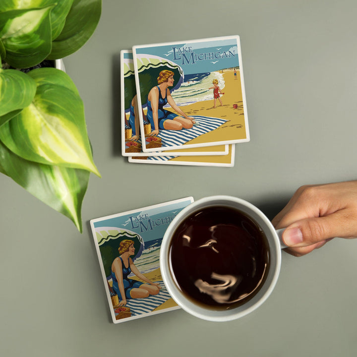 Lake Michigan, Beach Scene, Lantern Press Artwork, Coaster Set - Lantern Press