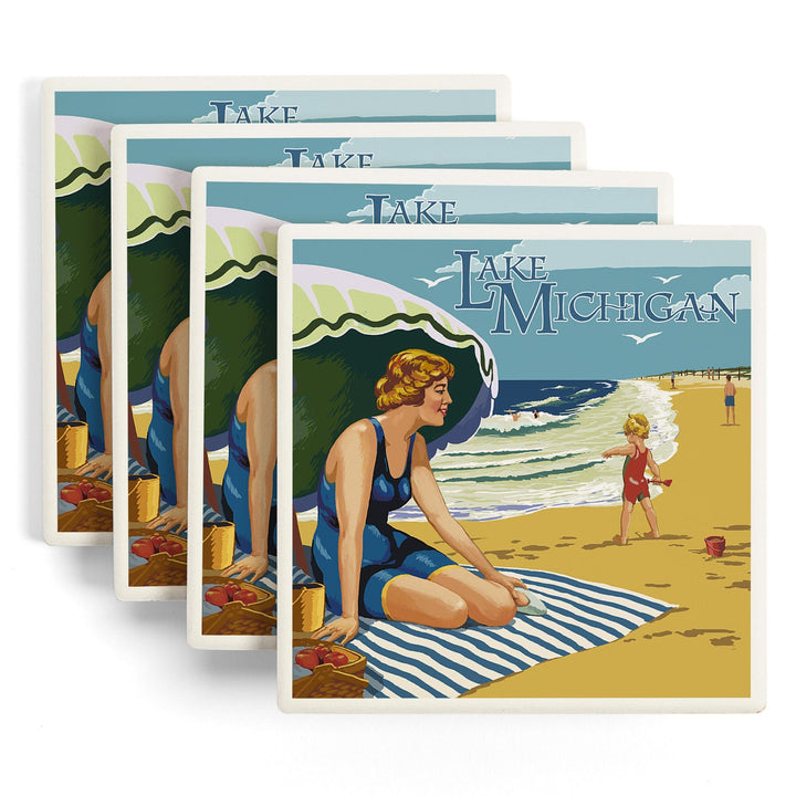 Lake Michigan, Beach Scene, Lantern Press Artwork, Coaster Set - Lantern Press