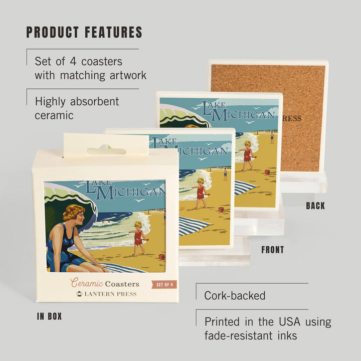 Lake Michigan, Beach Scene, Lantern Press Artwork, Coaster Set - Lantern Press