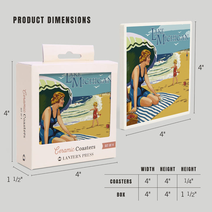 Lake Michigan, Beach Scene, Lantern Press Artwork, Coaster Set - Lantern Press