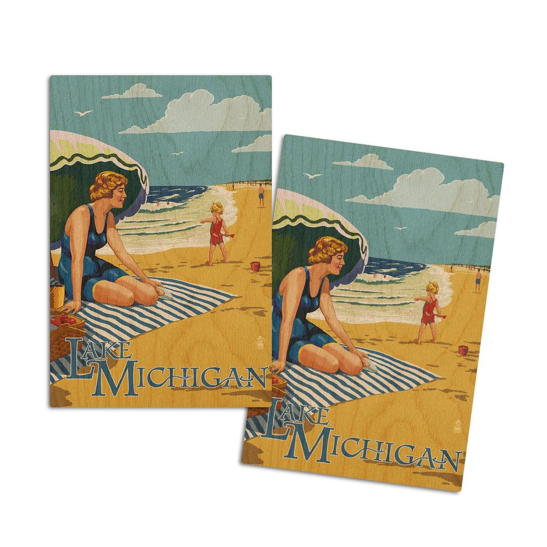 Lake Michigan, Beach Scene, Lantern Press Artwork, Wood Signs and Postcards Wood Lantern Press 4x6 Wood Postcard Set 