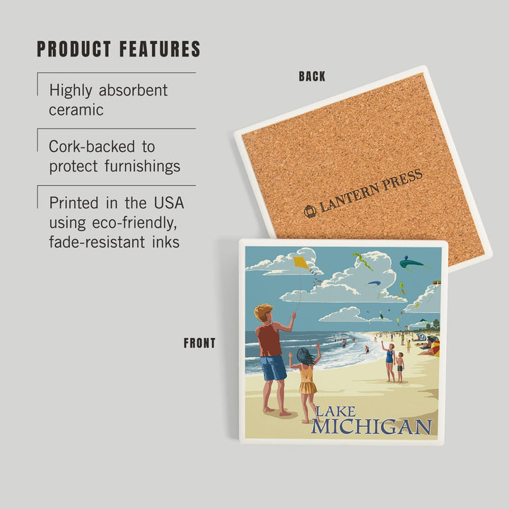 Lake Michigan, Children Flying Kites, Coasters Coasters Lantern Press 