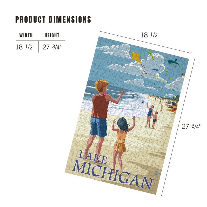 Lake Michigan, Children Flying Kites, Jigsaw Puzzle Puzzle Lantern Press 