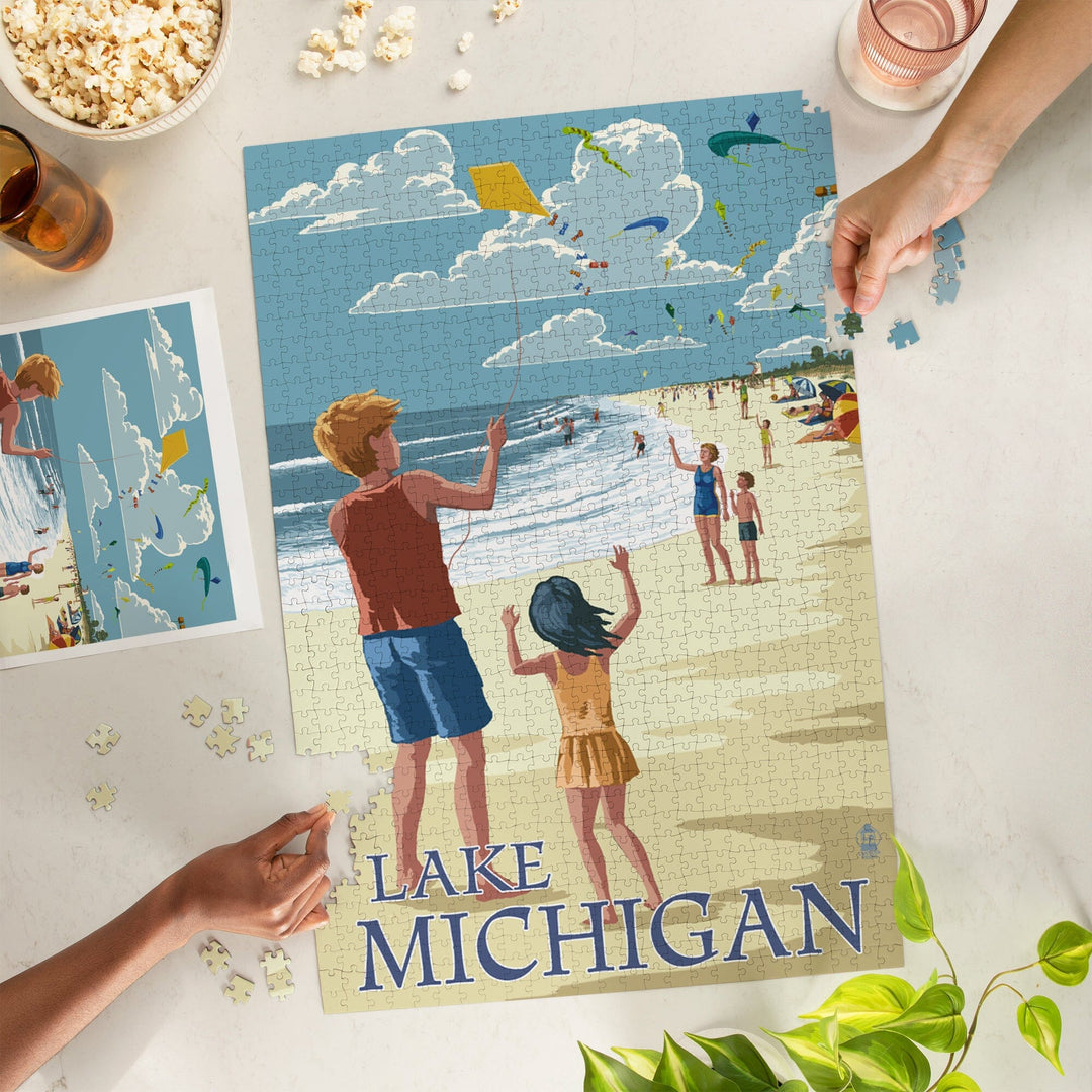 Lake Michigan, Children Flying Kites, Jigsaw Puzzle Puzzle Lantern Press 