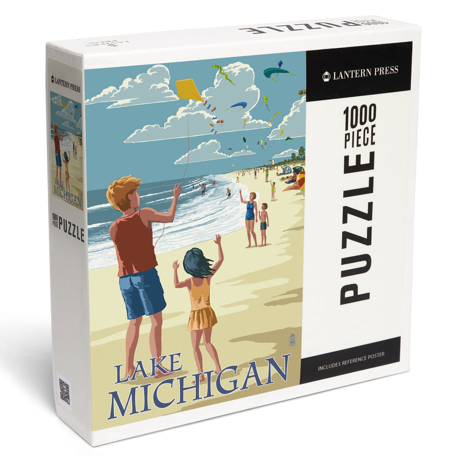 Lake Michigan, Children Flying Kites, Jigsaw Puzzle Puzzle Lantern Press 