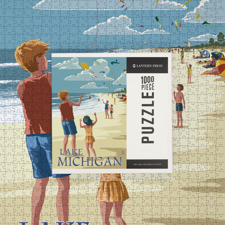Lake Michigan, Children Flying Kites, Jigsaw Puzzle Puzzle Lantern Press 