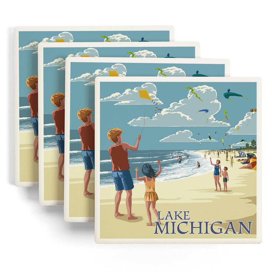 Lake Michigan, Children Flying Kites, Lantern Press Artwork, Coaster Set - Lantern Press