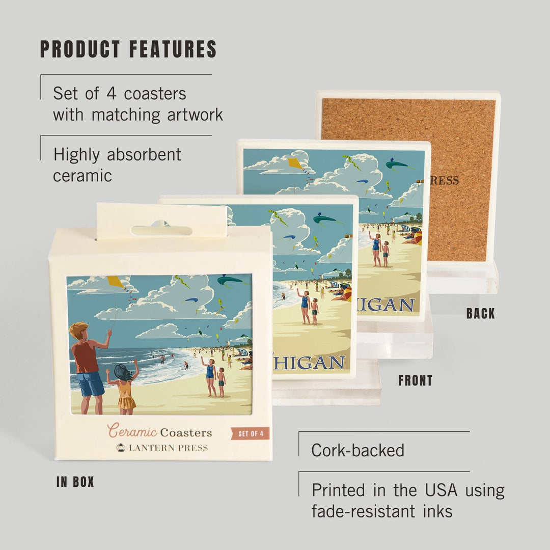 Lake Michigan, Children Flying Kites, Lantern Press Artwork, Coaster Set - Lantern Press