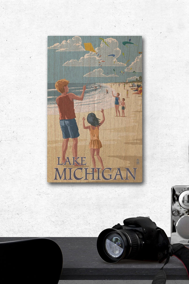Lake Michigan, Children Flying Kites, Lantern Press Artwork, Wood Signs and Postcards Wood Lantern Press 12 x 18 Wood Gallery Print 