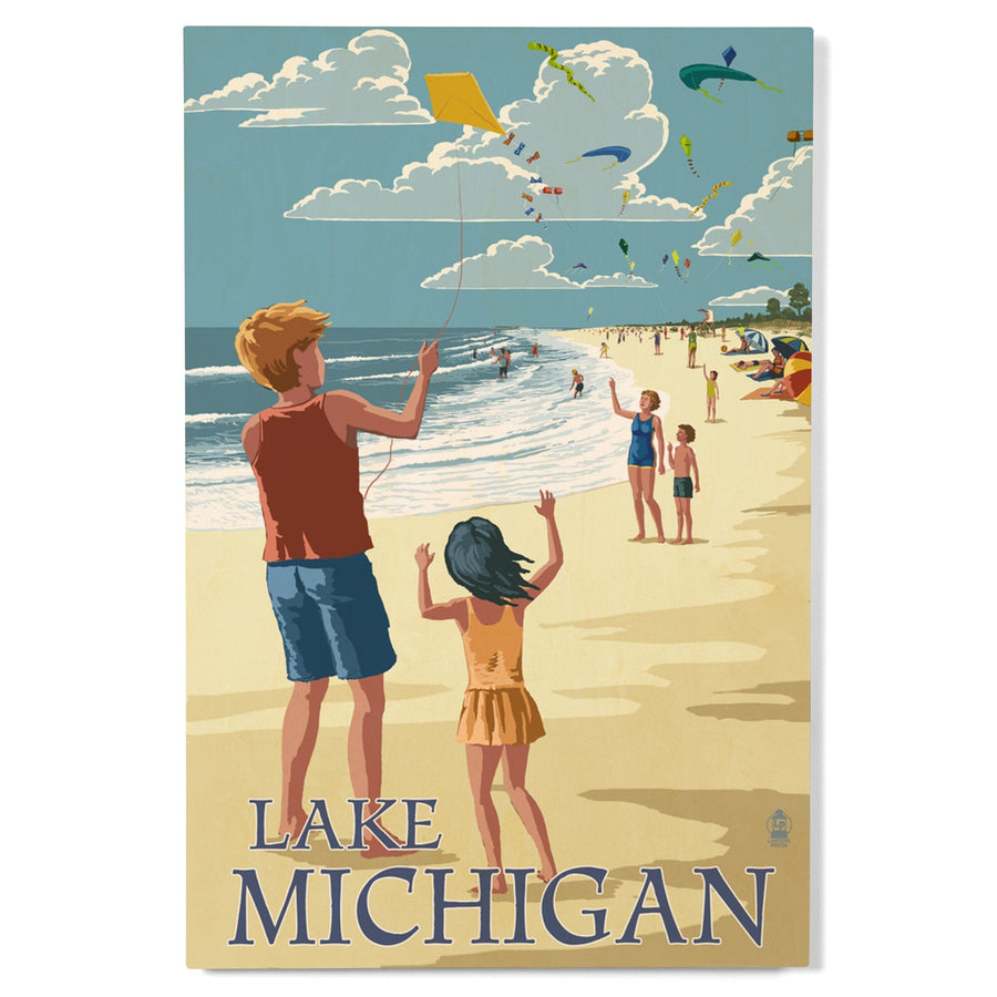 Lake Michigan, Children Flying Kites, Lantern Press Artwork, Wood Signs and Postcards Wood Lantern Press 