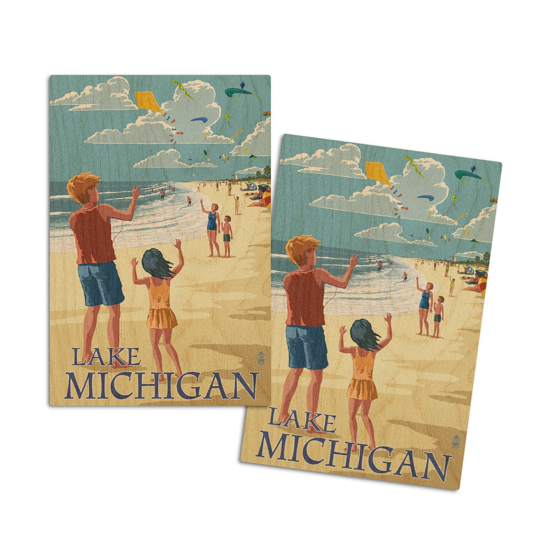 Lake Michigan, Children Flying Kites, Lantern Press Artwork, Wood Signs and Postcards Wood Lantern Press 4x6 Wood Postcard Set 