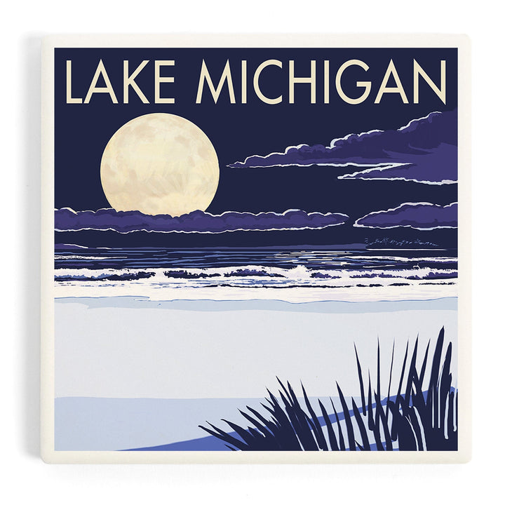 Lake Michigan, Full Moon Night Scene, Coasters Coasters Lantern Press 